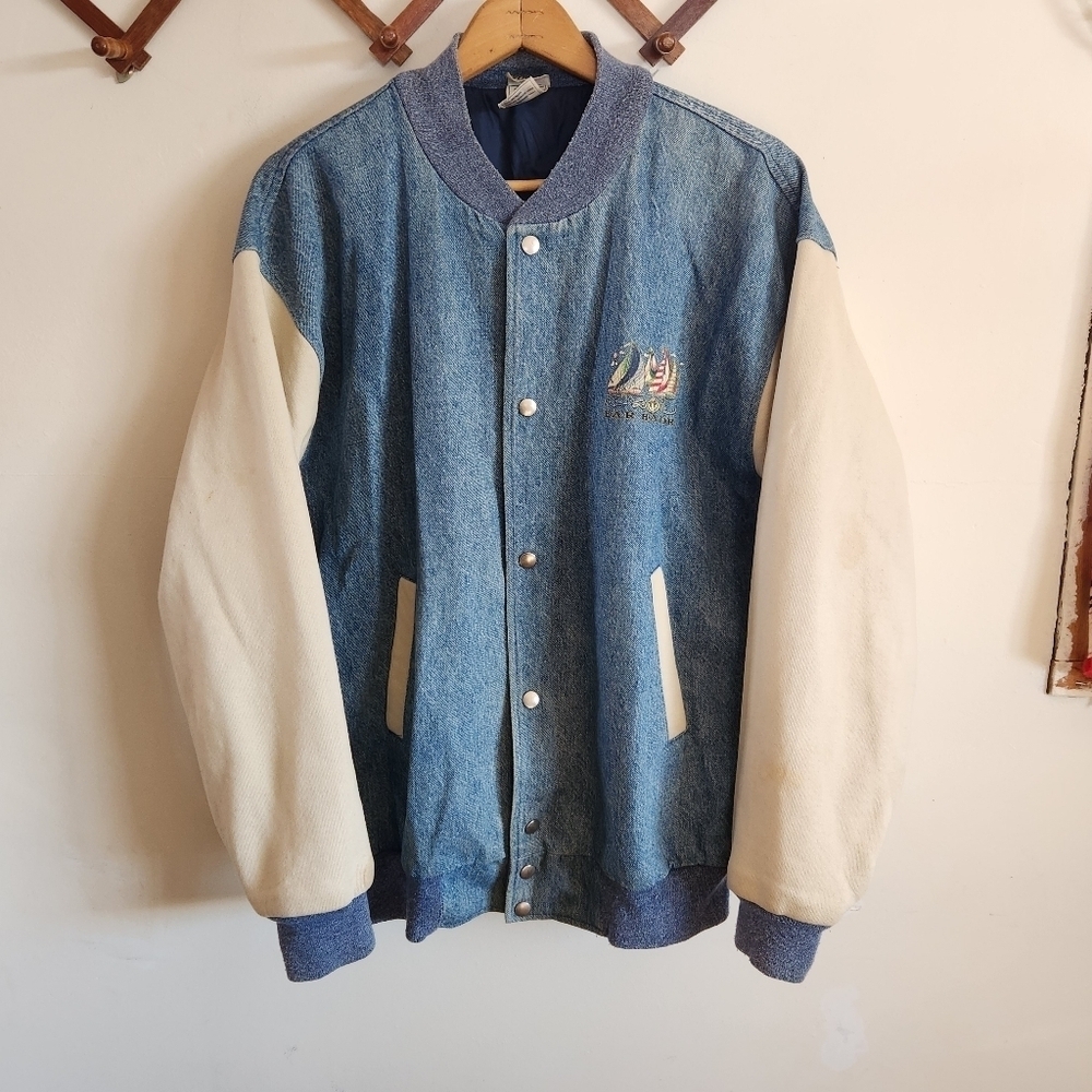 Vintage Varisty Jacket Denim Cotton Maine Blue Cream Large L